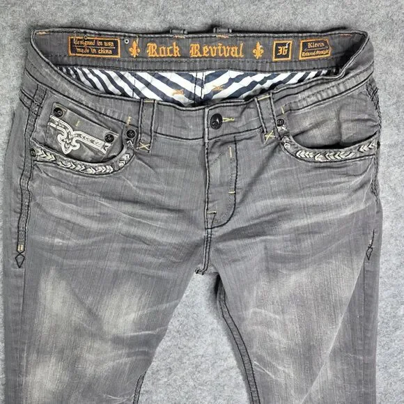 Rock Revival Kleven Relaxed‎ Straight Denim Jeans Mens 36 x 28 Gray